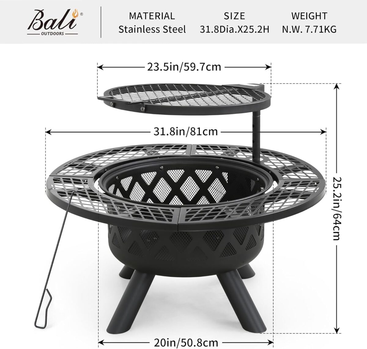 BALI OUTDOORS Fire Pit with Poker, 40 inch Outdoor Fire Pit Patio, Wood Burning Firepits for Outside with Grill - Image 11