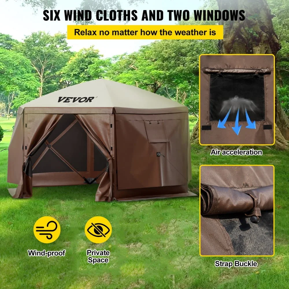VEVOR Camping Gazebo Screen Tent, 12*12ft, 6 Sided Pop-up Canopy Shelter Tent with Mesh Windows, Portable Carry Bag, Stakes, Large Shade Tents for Outdoor Camping, Lawn and Backyard - Image 3