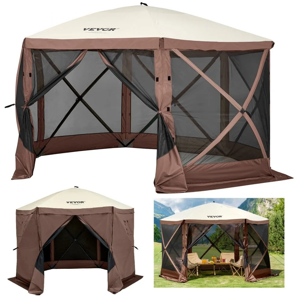 VEVOR Camping Gazebo Screen Tent, 12*12ft, 6 Sided Pop-up Canopy Shelter Tent with Mesh Windows, Portable Carry Bag, Stakes, Large Shade Tents for Outdoor Camping, Lawn and Backyard - Image 4