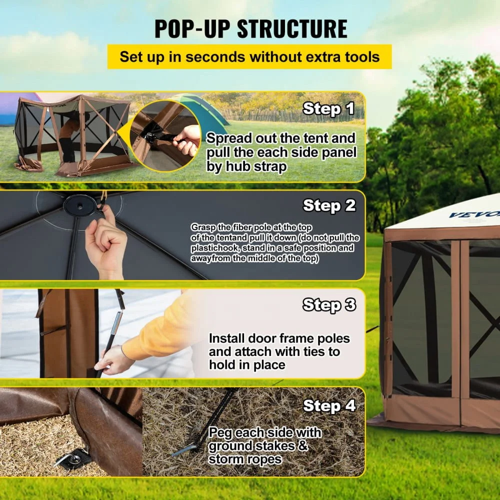 VEVOR Camping Gazebo Screen Tent, 12*12ft, 6 Sided Pop-up Canopy Shelter Tent with Mesh Windows, Portable Carry Bag, Stakes, Large Shade Tents for Outdoor Camping, Lawn and Backyard - Image 7