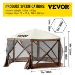 VEVOR Camping Gazebo Screen Tent, 12*12ft, 6 Sided Pop-up Canopy Shelter Tent with Mesh Windows, Portable Carry Bag, Stakes, Large Shade Tents for Outdoor Camping, Lawn and Backyard - Image 9