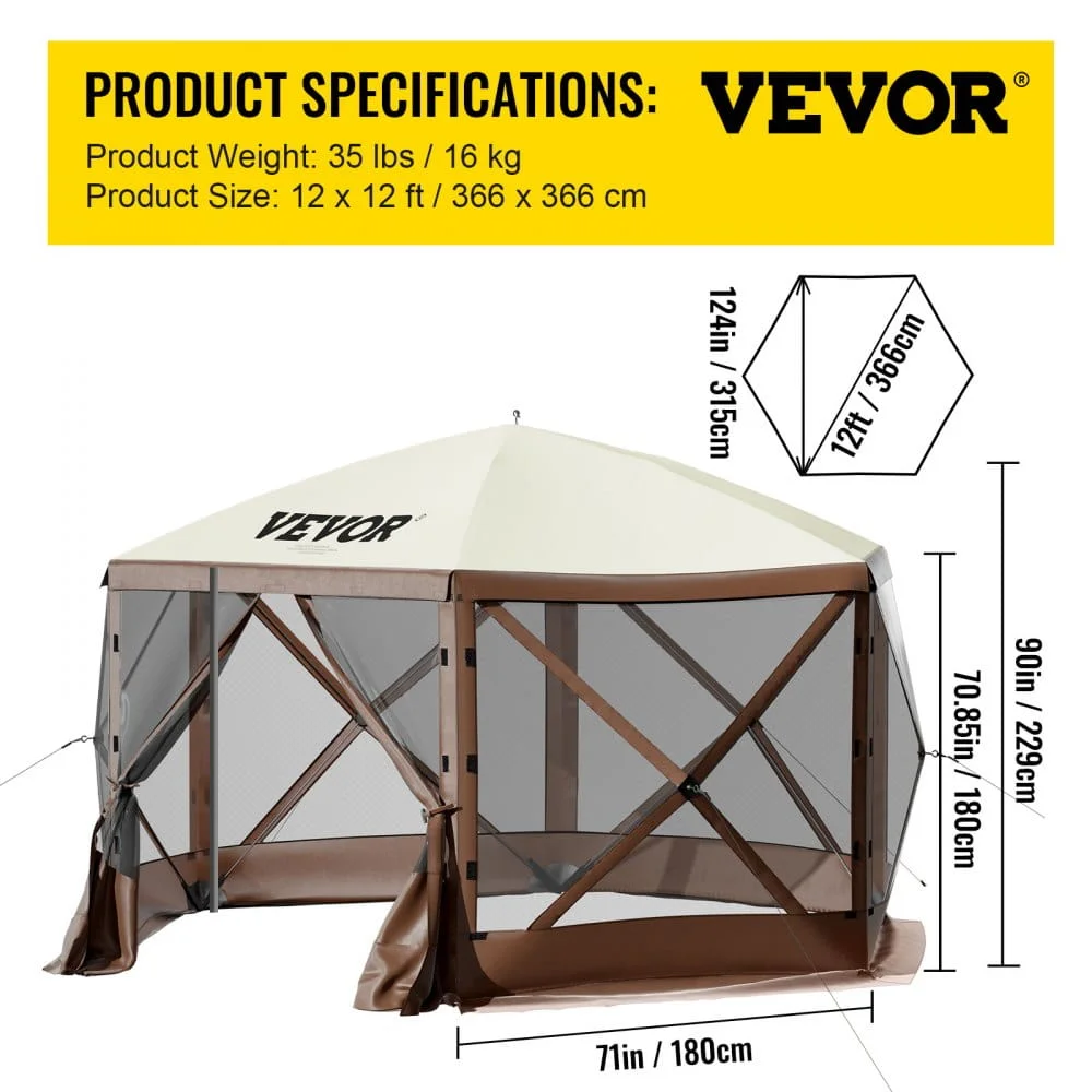 VEVOR Camping Gazebo Screen Tent, 12*12ft, 6 Sided Pop-up Canopy Shelter Tent with Mesh Windows, Portable Carry Bag, Stakes, Large Shade Tents for Outdoor Camping, Lawn and Backyard - Image 9