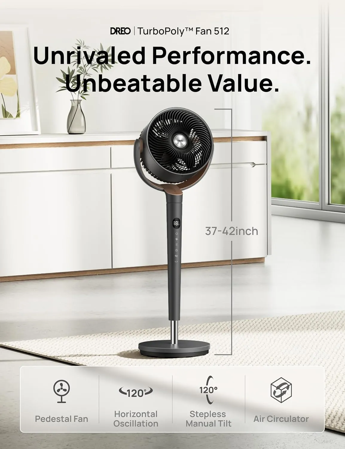 DREO Fan for Bedroom, 120° Oscillating Standing Fans, Quiet Floor Fan with DC Motor, 100ft Pedestal Fans for Room, 9 Speeds, 4 modes, 20dB, 120° Manual Vertical, 37-42" Adjustable Height, 9H Timer (复制) - Image 2