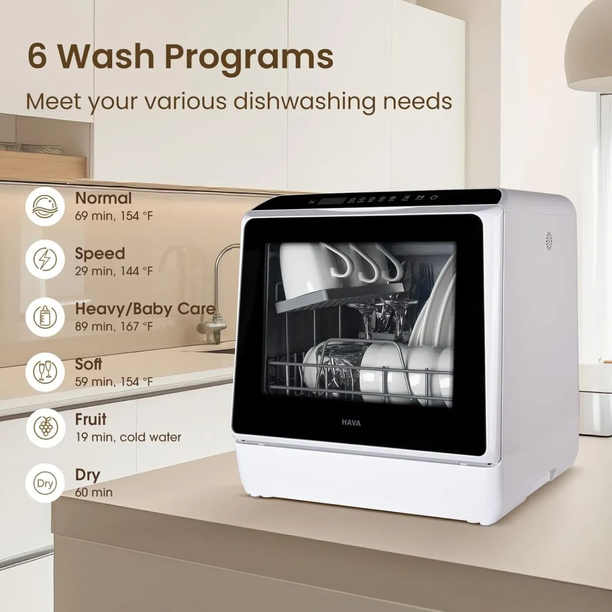 HAVA Countertop Dishwasher, 6 Programs Portable Dishwashers with 5L Built-in Water Tank, No Hookup Needed, Baby Care & Air-Drying Function for Apartments and RVs - Image 2