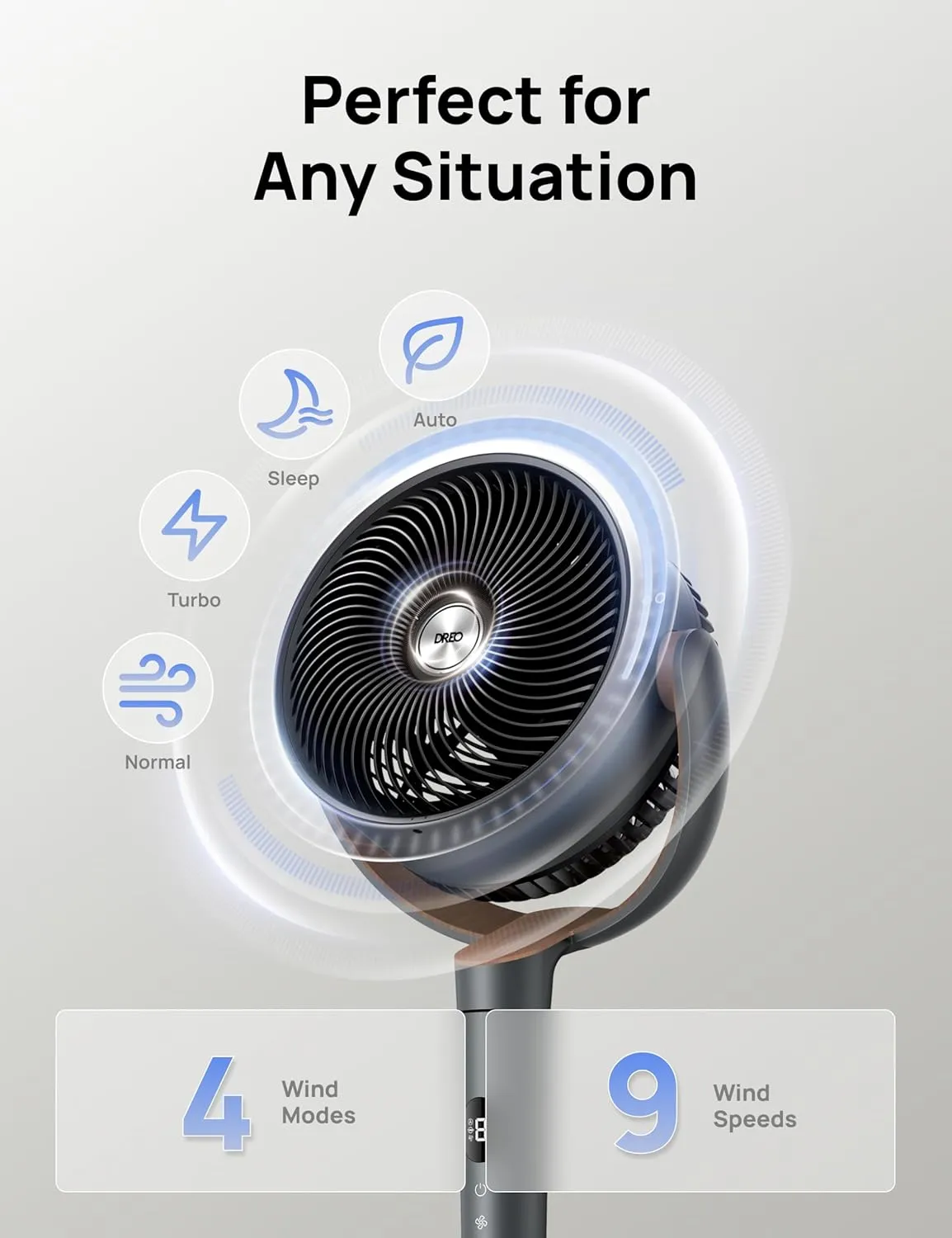 DREO Fan for Bedroom, 120° Oscillating Standing Fans, Quiet Floor Fan with DC Motor, 100ft Pedestal Fans for Room, 9 Speeds, 4 modes, 20dB, 120° Manual Vertical, 37-42" Adjustable Height, 9H Timer (复制) - Image 4