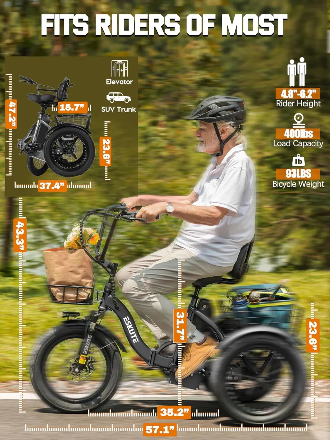 ESKUTE E Trike Electric Bike, Peak 1200W Brushless Motor Folding Trike 18X3.0 Fat Tire Ebike, 624Wh Removable Battery, Step-Thru 3 Wheel Electric Bicycle, Up to 55 Miles, 18MPH+ Tricycle for Adults - Image 5